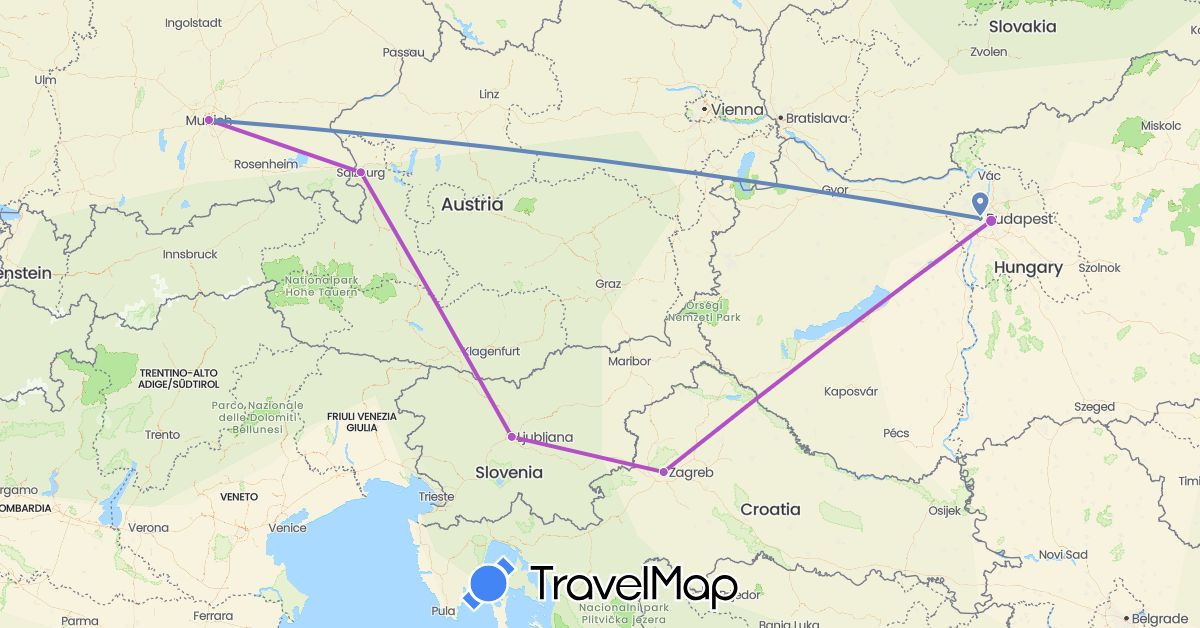 TravelMap itinerary: plane, cycling, train in Austria, Germany, Croatia, Hungary, Slovenia (Europe)